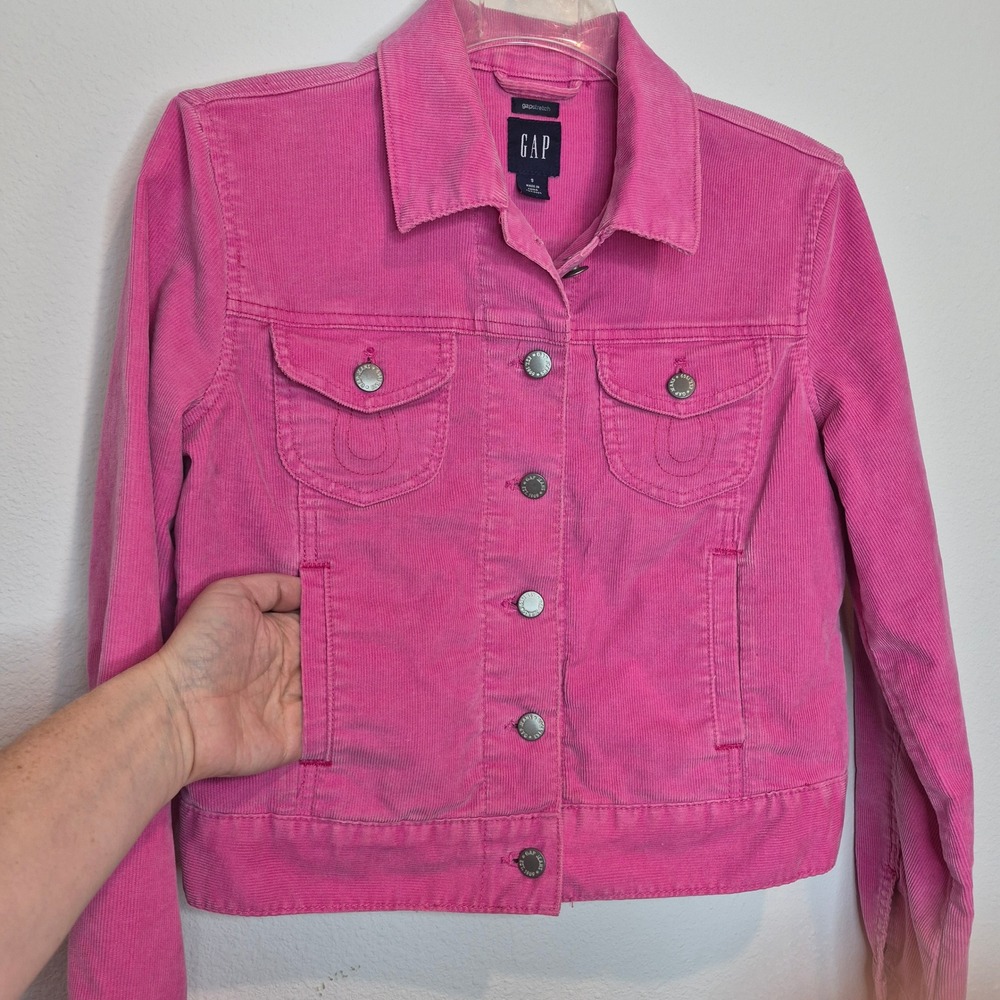 GAP Vintage Hot Pink Corduroy Cropped Trucker Jacket Y2K Barbiecore Pop Color S - Picture 5 of 11